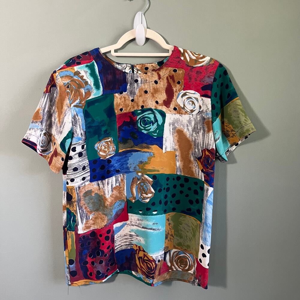 Vintage Caviar Women’s Multicolor Patchwork Rose Print Top, Size PM or Small